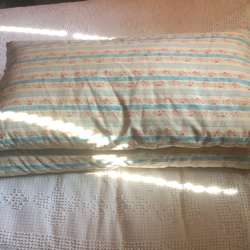 2 Vintage farmhouse Pink Rose Floral Blue Ticking Stripe feather Bed Pillows